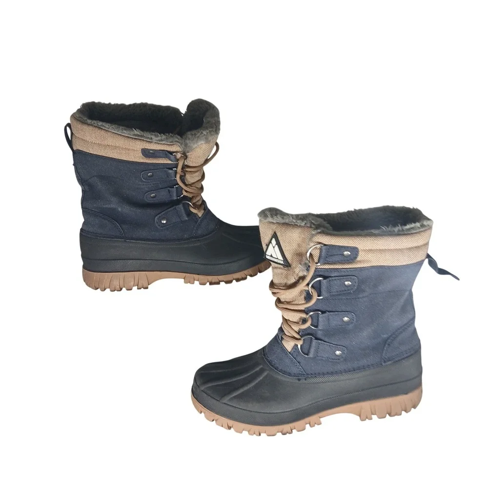 Mishansha Mens Snow Boots‎ Navy Blue Tan Duck Boots Faux Fur Lined Size 7